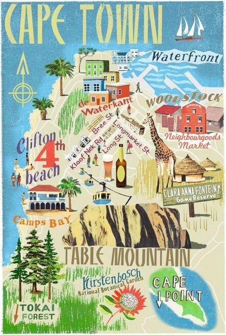 mapa četiri atrakcije na mapi od Cape Town