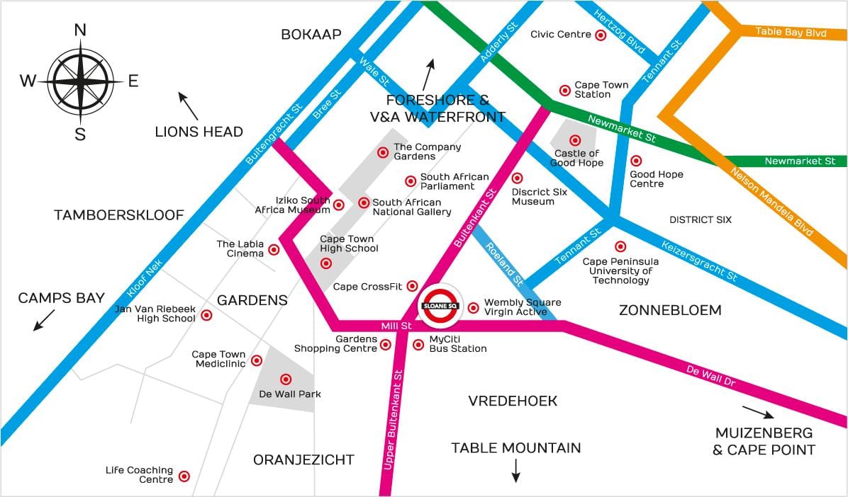 mapa buitenkant ulici Cape Town
