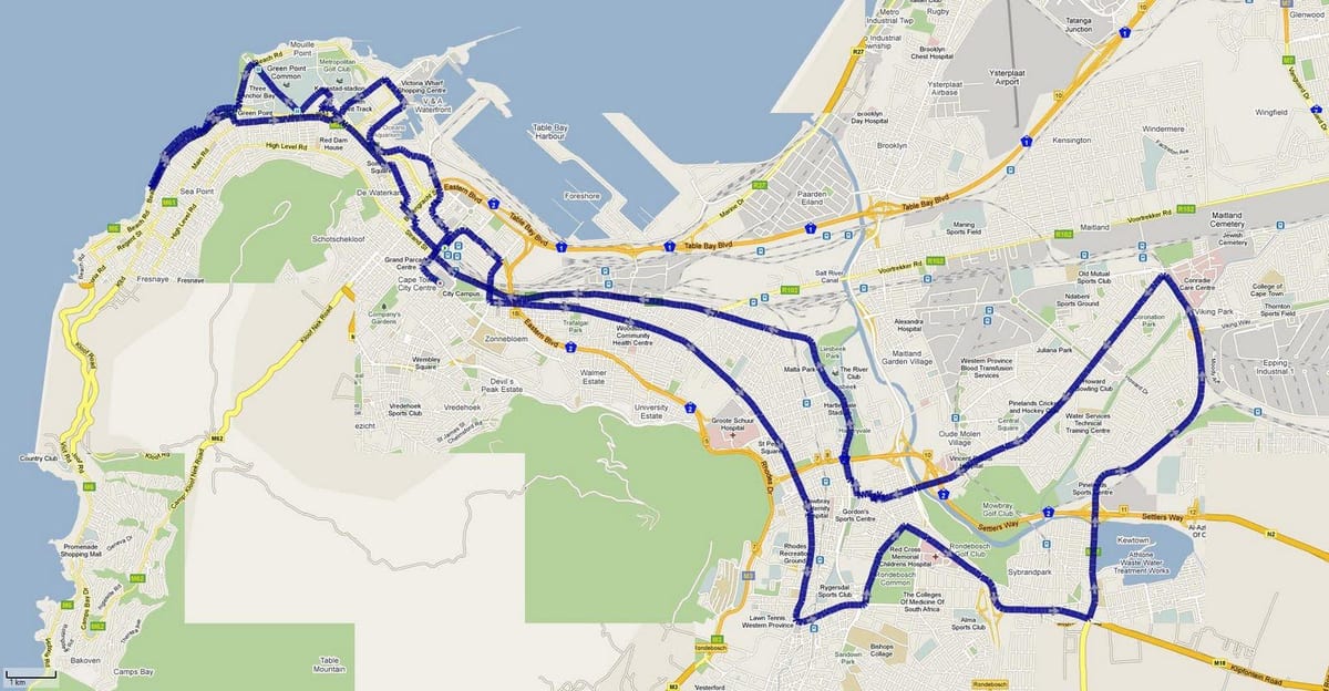 karta u Cape Town-u maratonu rutu 