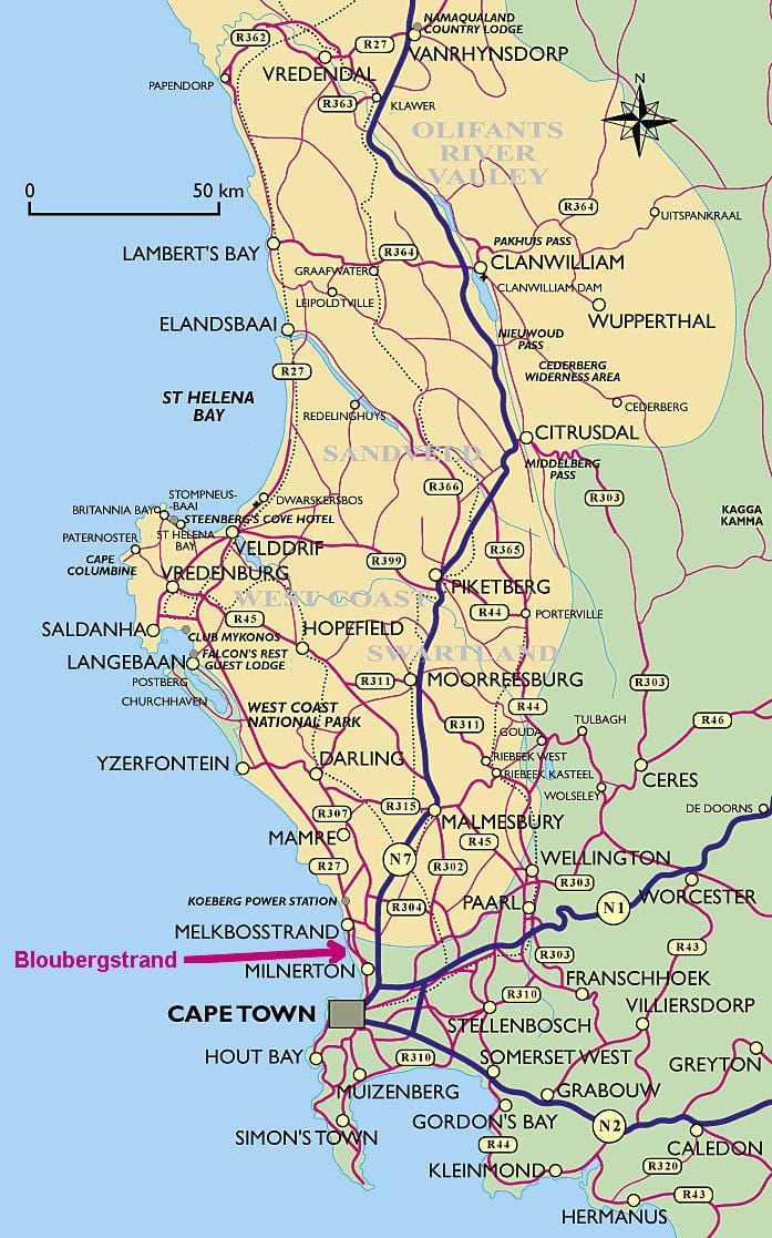 mapa na zapadnoj obali Cape Town