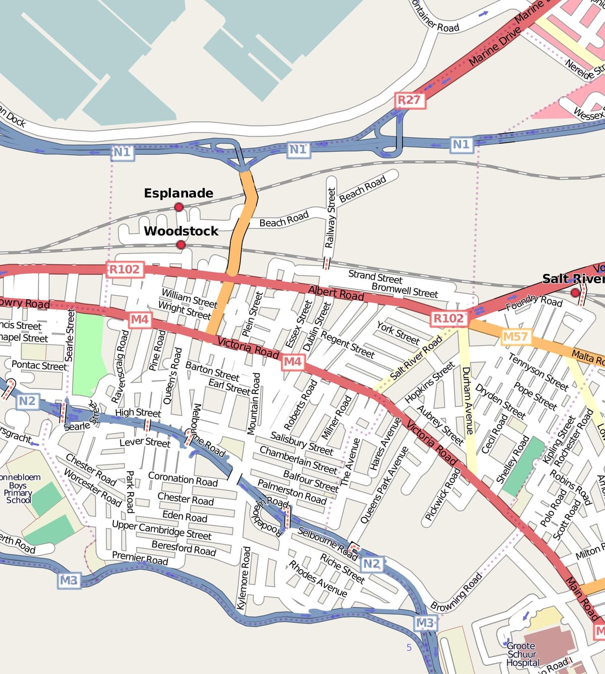ulična mapa na woodstock-u Cape Town
